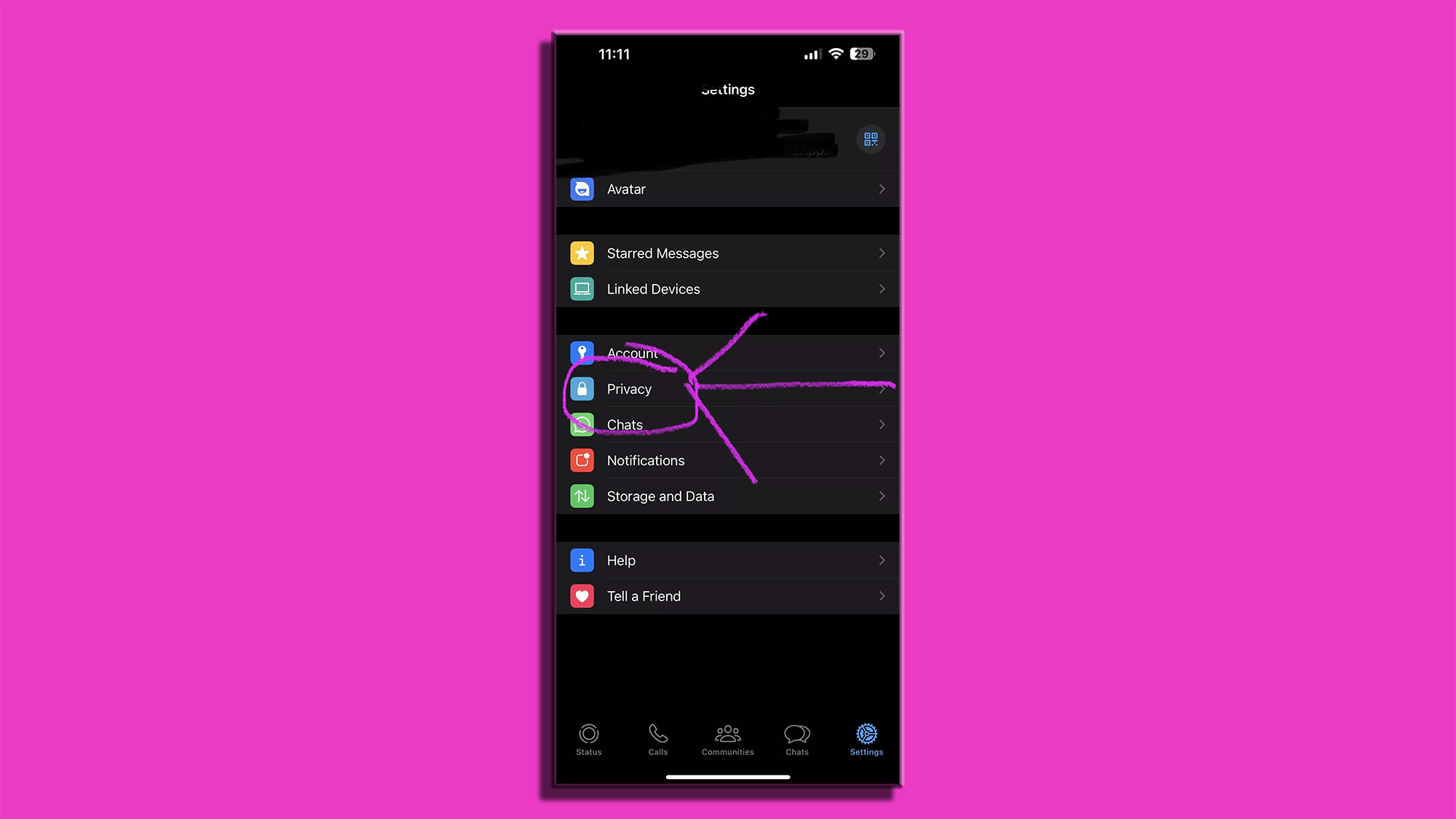 A WhatsApp settings screen