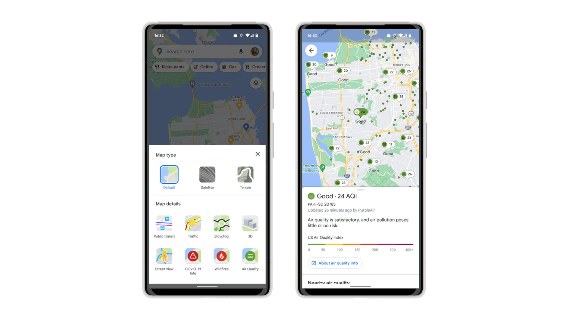 A Google Maps user looking at air quality data in their local area