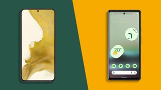 Samsung Galaxy S22 vs Google Pixel 6a image on colorful background