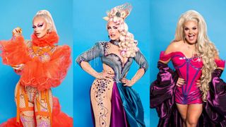 Krystal Versace, Ella Vaday, and Kitty Scott-Claus in RuPaul's Drag Race UK season 3