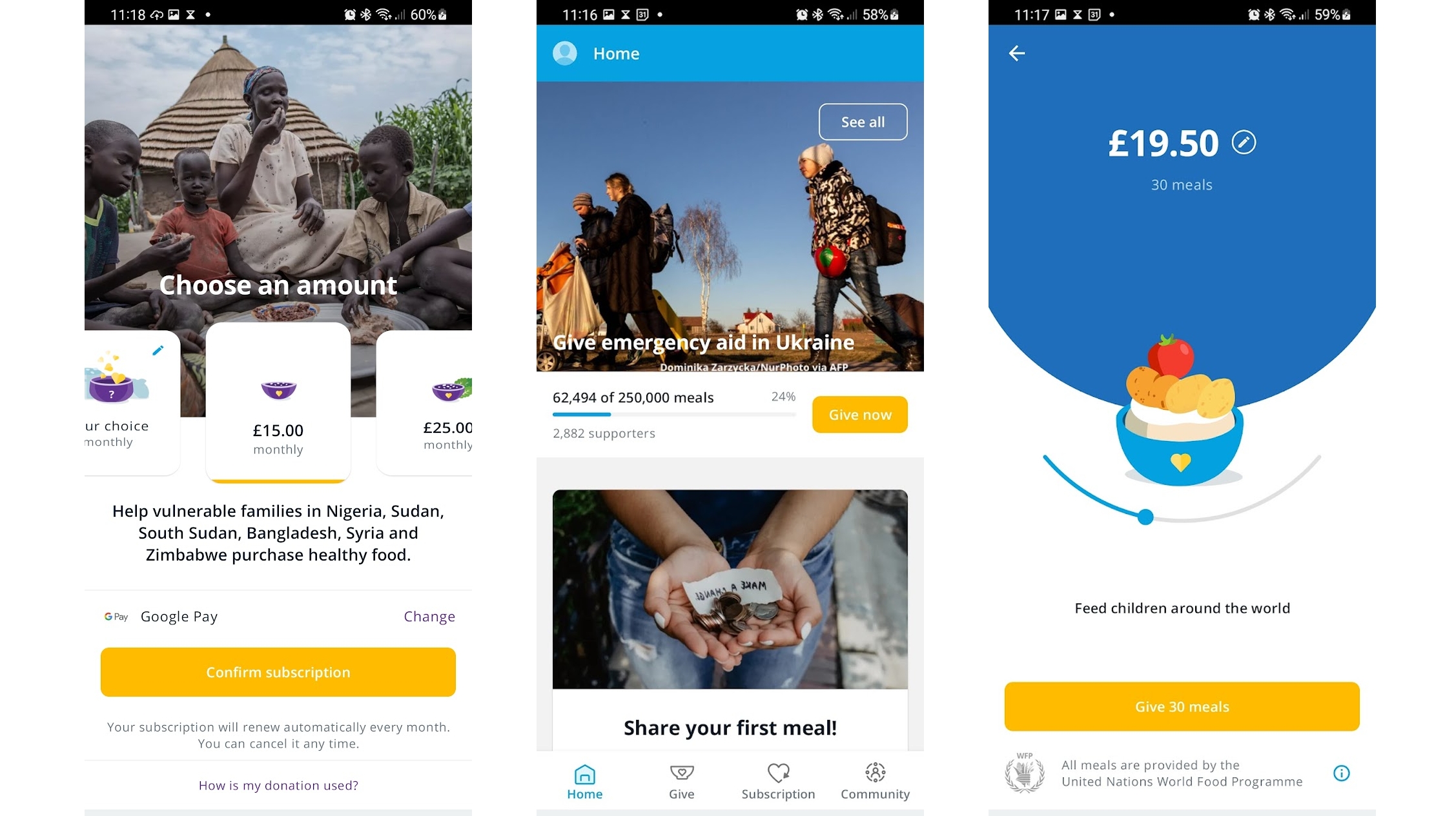 Screenshots showing ShareTheMeal on Android