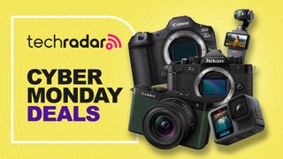A collection of Canon, Nikon, GoPro, DJI, Panasonic cameras on a yellow background