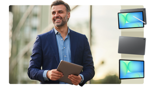 Samsung promotional image for 2026 tablets. A man in a suit with no tie is smiling as he holds a Samsung tablet. There are three more tablets superimposed on the photo