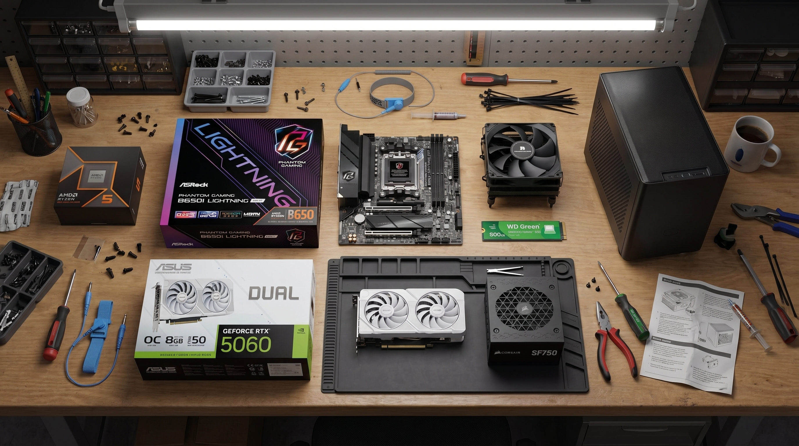 Various components on a desk