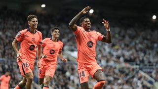 Marcus Rashford of FC Barcelona celebrates scoring his team's first goal during the UEFA Champions League 2025/26 League Phase MD1 match between Newcastle United FC and FC Barcelona at St James' Park on September 18, 2025 in Newcastle upon Tyne, England.