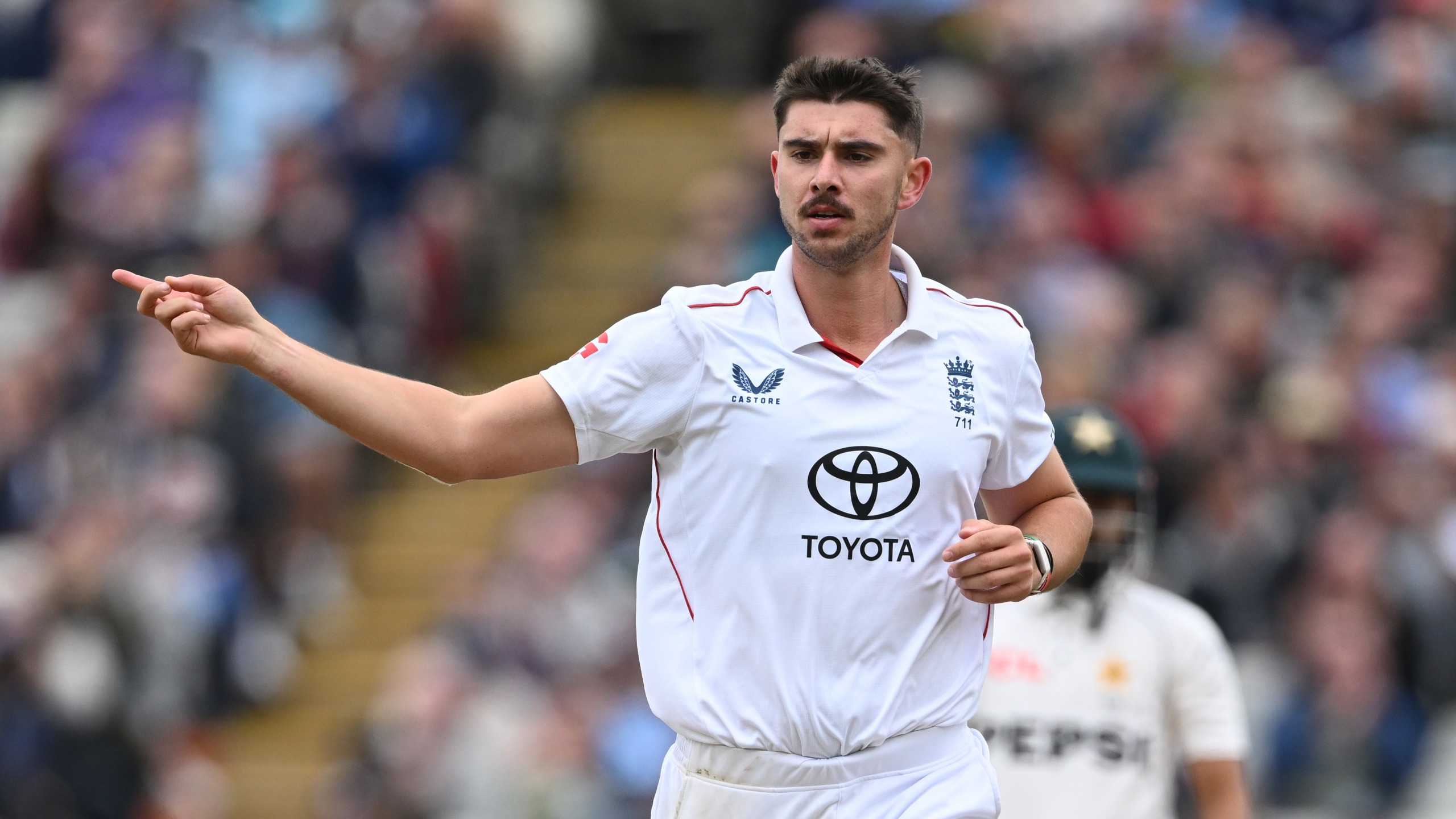 Josh Tongue of England celebrates bowling Pakistan captain Babar Azam during day one of the 3rd Rothesay Test Match between England and Pakistan at Edgbaston