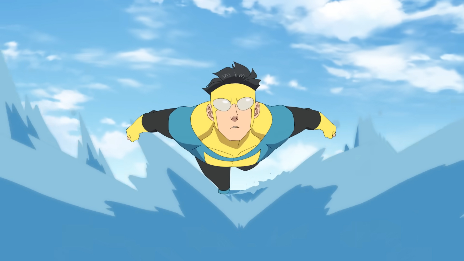 Mark Grayson flying over an ocean and forcing water away from himself in Invincible season 4 episode 8