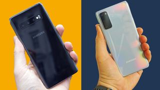 A Samsung Galaxy S10 against a yellow background and a Galaxy S20 against a blue one