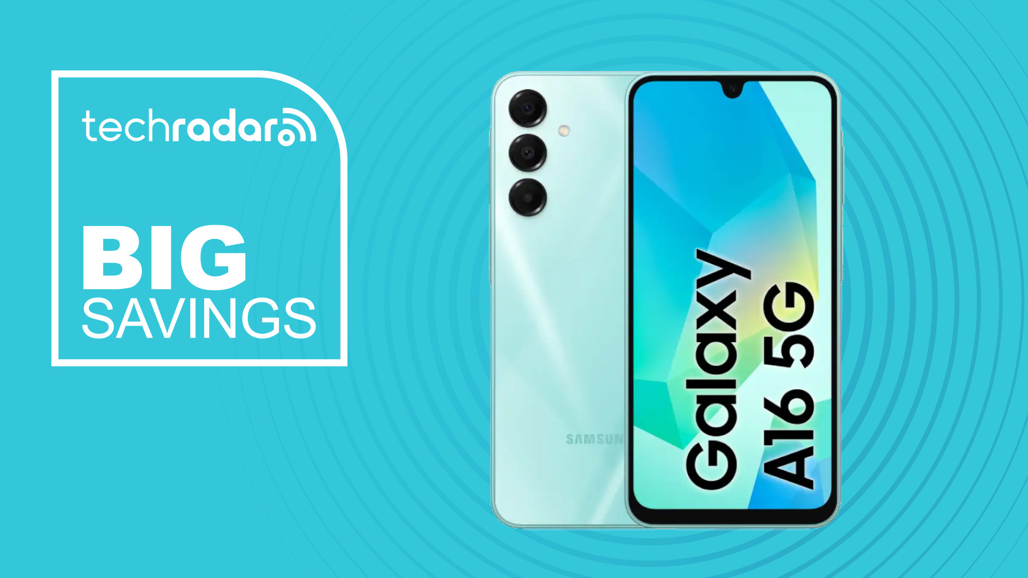 Samsung Galaxy A15 5G on blue background with big savings text overlay