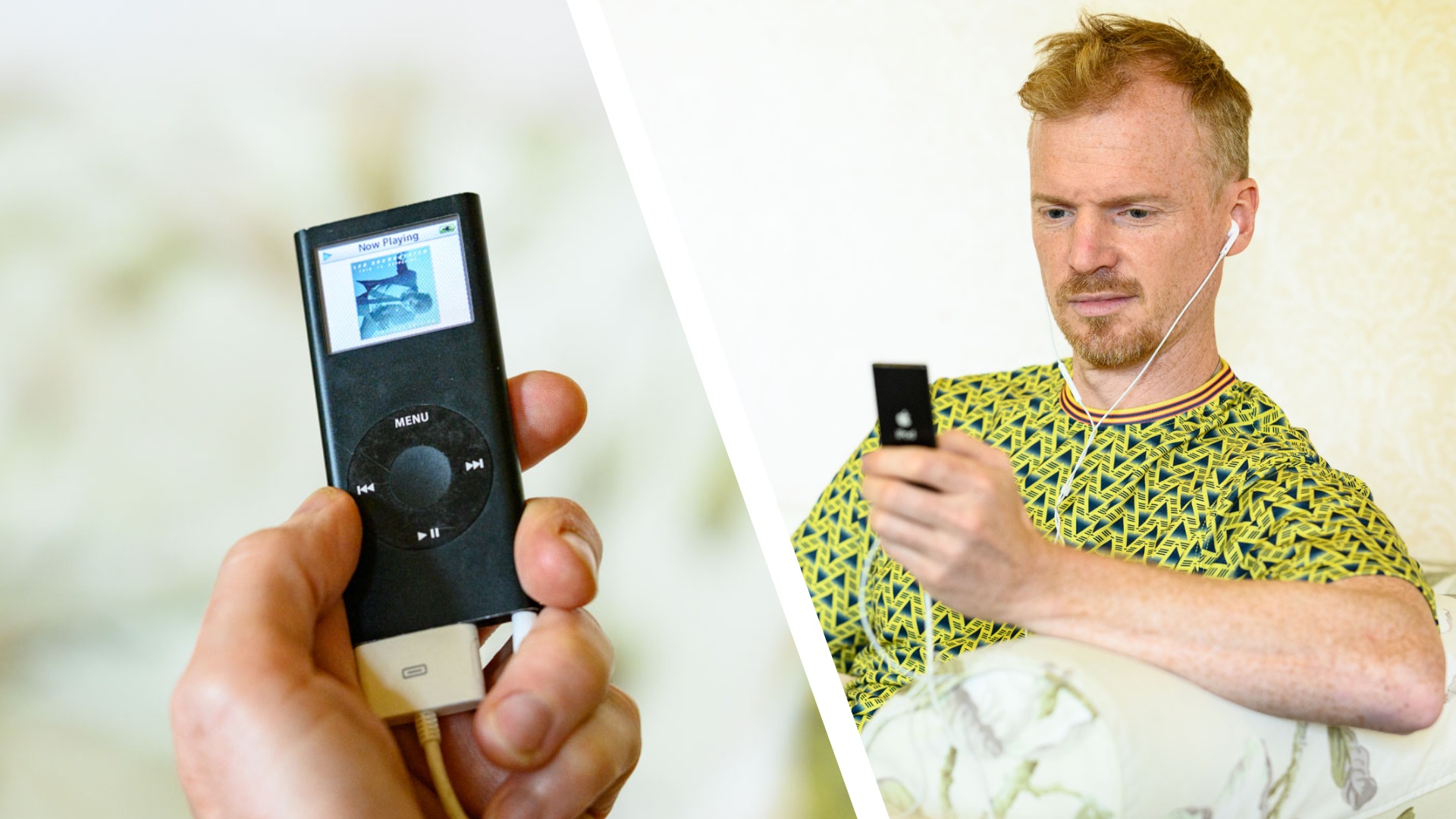 Split image of a black iPod nano 2006 in person's hand (left) and a man sat on a sofa looking at the nano's screen listening through wired headphones (right)