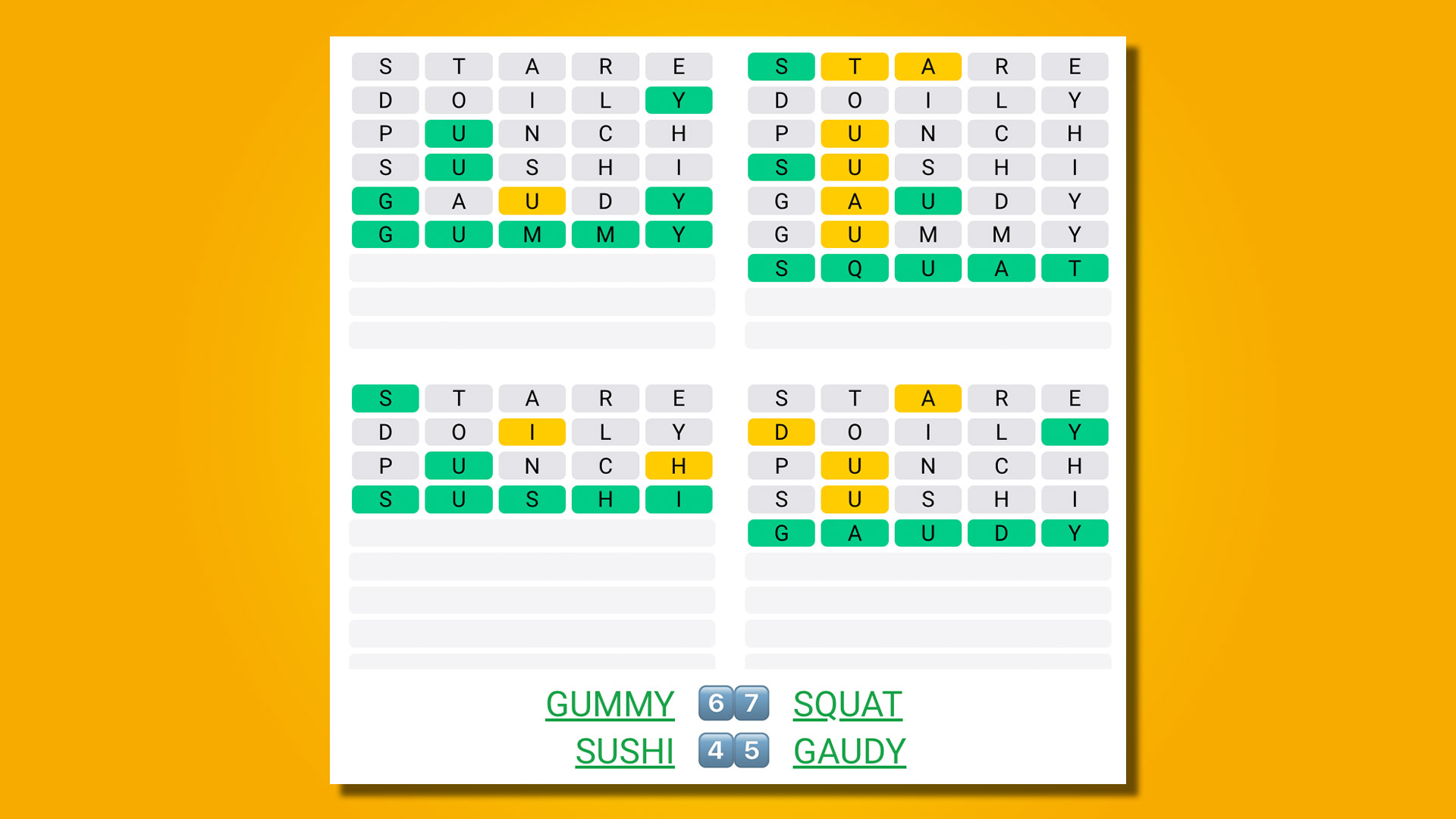 Quordle answers for game 526 on a yellow background
