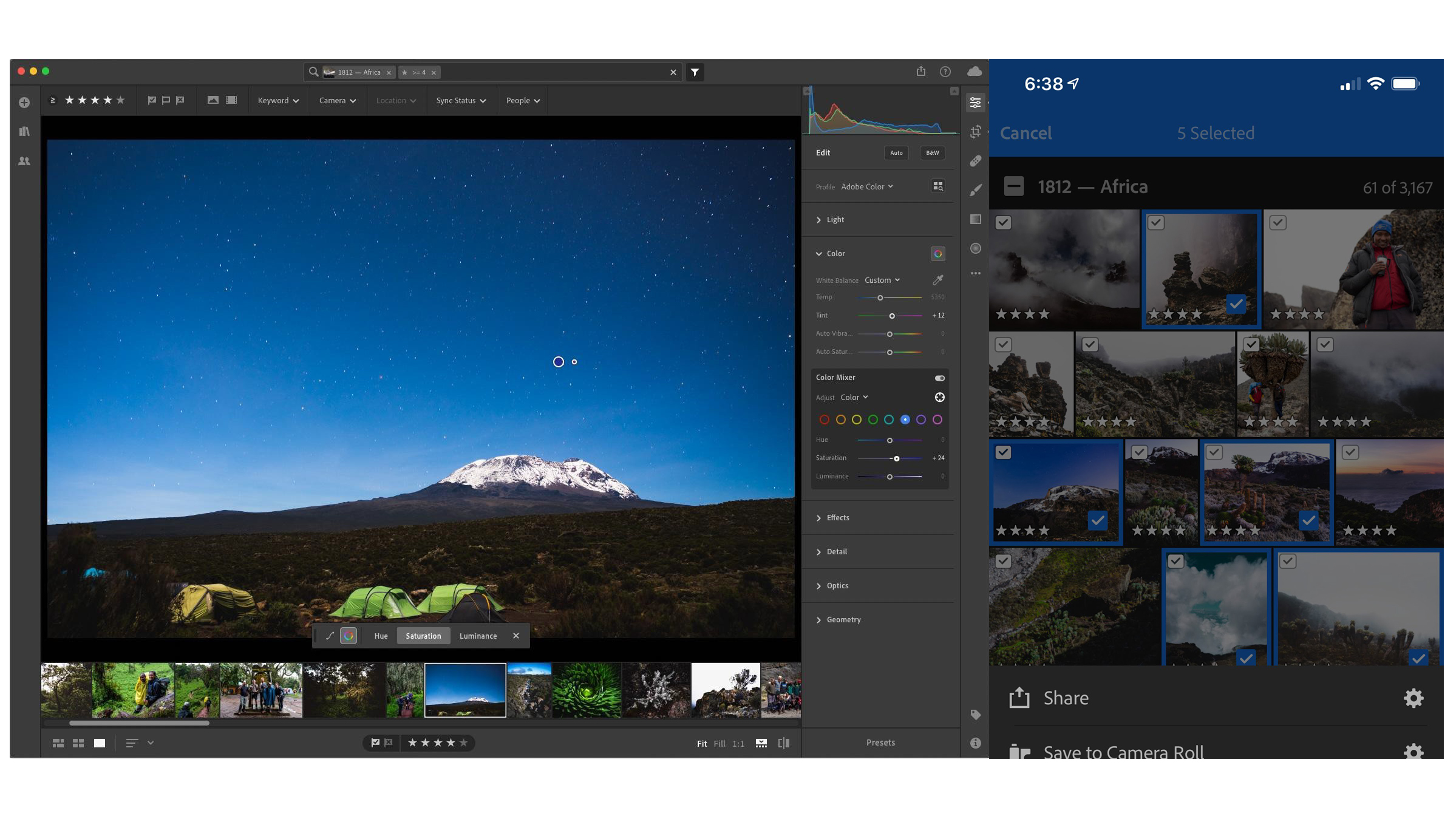 Adobe Lightroom Targeted Adjustment Tool and ad hoc photo sharing feature. 