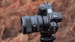 Viltrox AF 85mm F1.4 Pro lens attached to a Nikon camera, mounted to a tripod outdoors and with bronze-colored ferns in the background