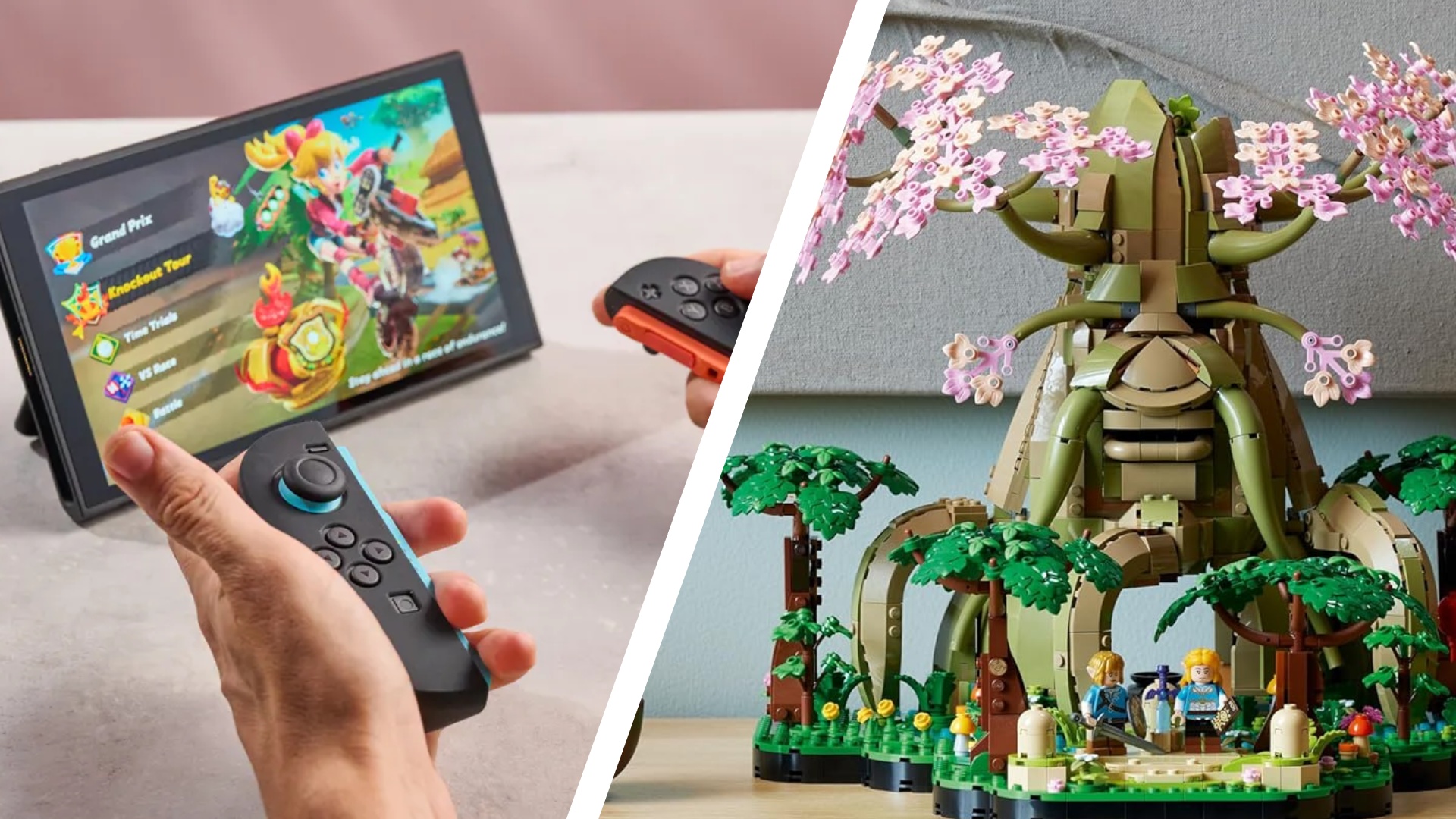 Side-by-side image of a Switch 2 and the Deku Tree Lego Set
