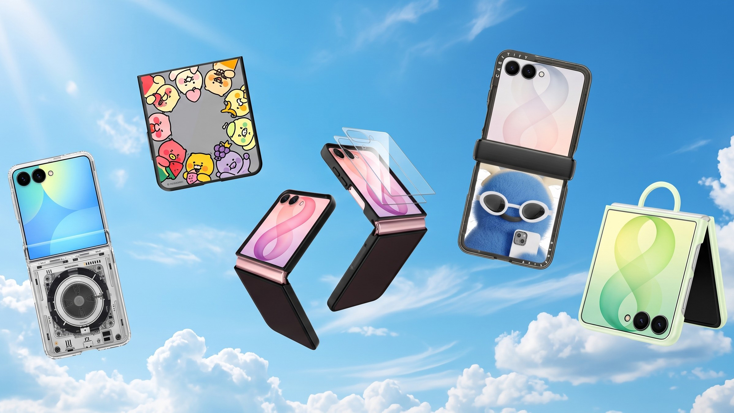Selection of Samsung Flip8 Cases floating against a cloudy sky
