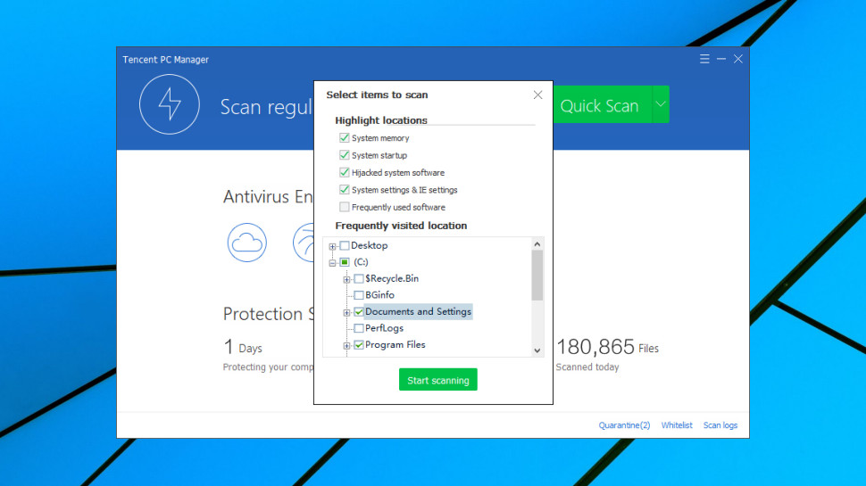 Tencent PC Manager does allow you to specify which system directories you wish to scan (Image Credit: Tencent)