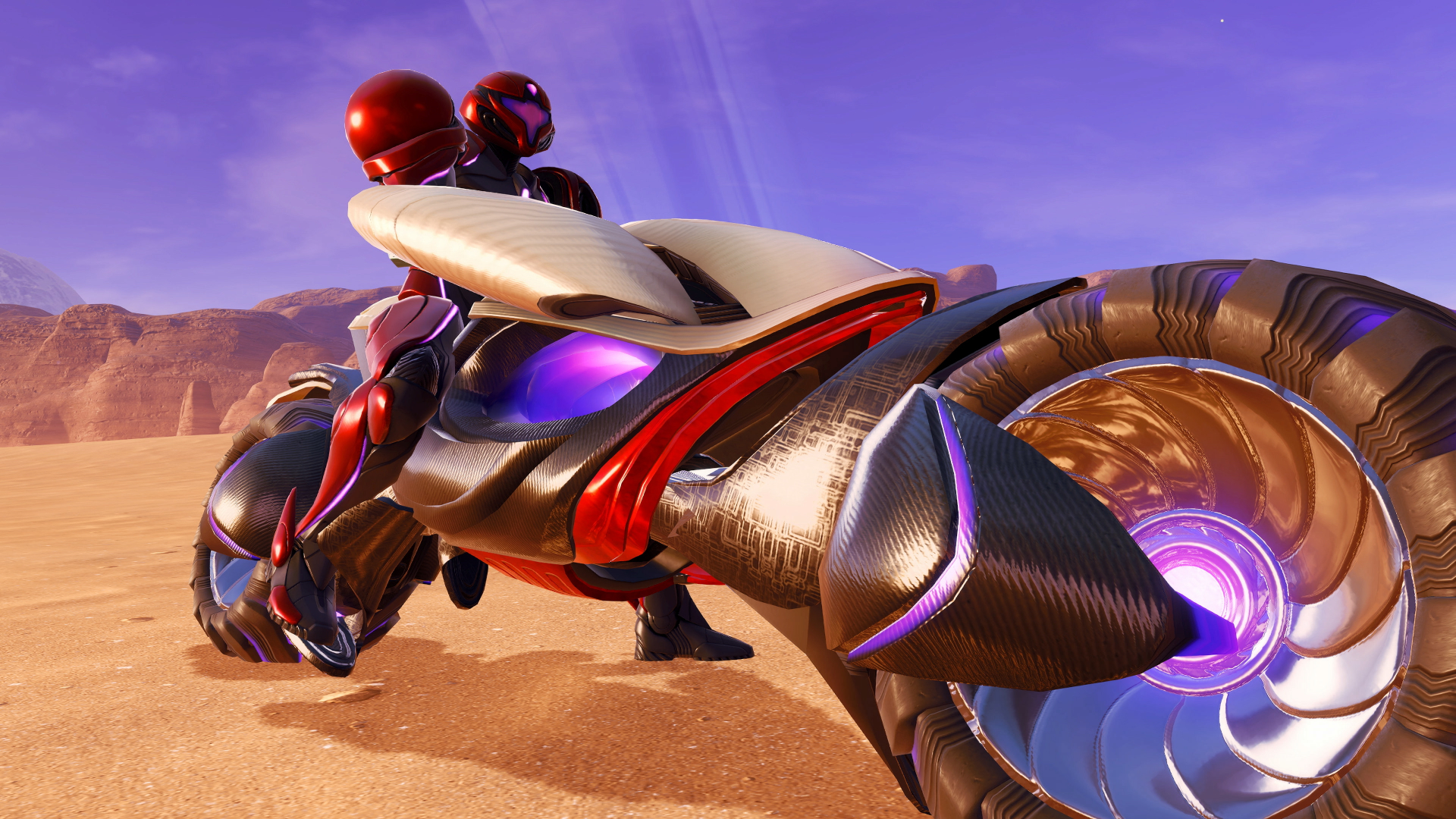 Samus sits atop the VI-O-LA motorcycle in the desertous Sol Valley in Metroid Prime 4 Beyond