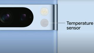 Close up shot of Google Pixel 8 Pro from its launch focusing on the temperature sensor 