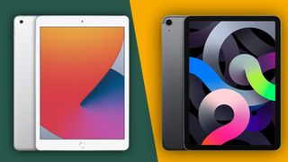 The iPad 2020 on a green background next to the iPad Air 4 on a yellow background