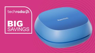 The SanDisk 4TB Creator Series on a pink background next to a TechRadar badge that reads 'Big Savings'