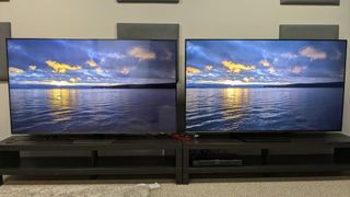 Samsung QN85D and Hisense U7N with sunset on screen