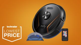 The Eufy Robovac X8 Hybrid on a yellow background with its water tank and mopping pad removed