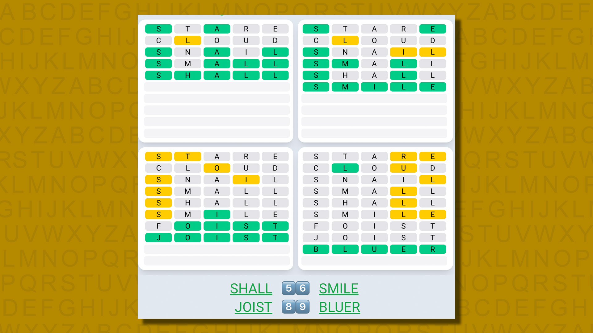 Quordle daily sequence answers for game 589 on a yellow background