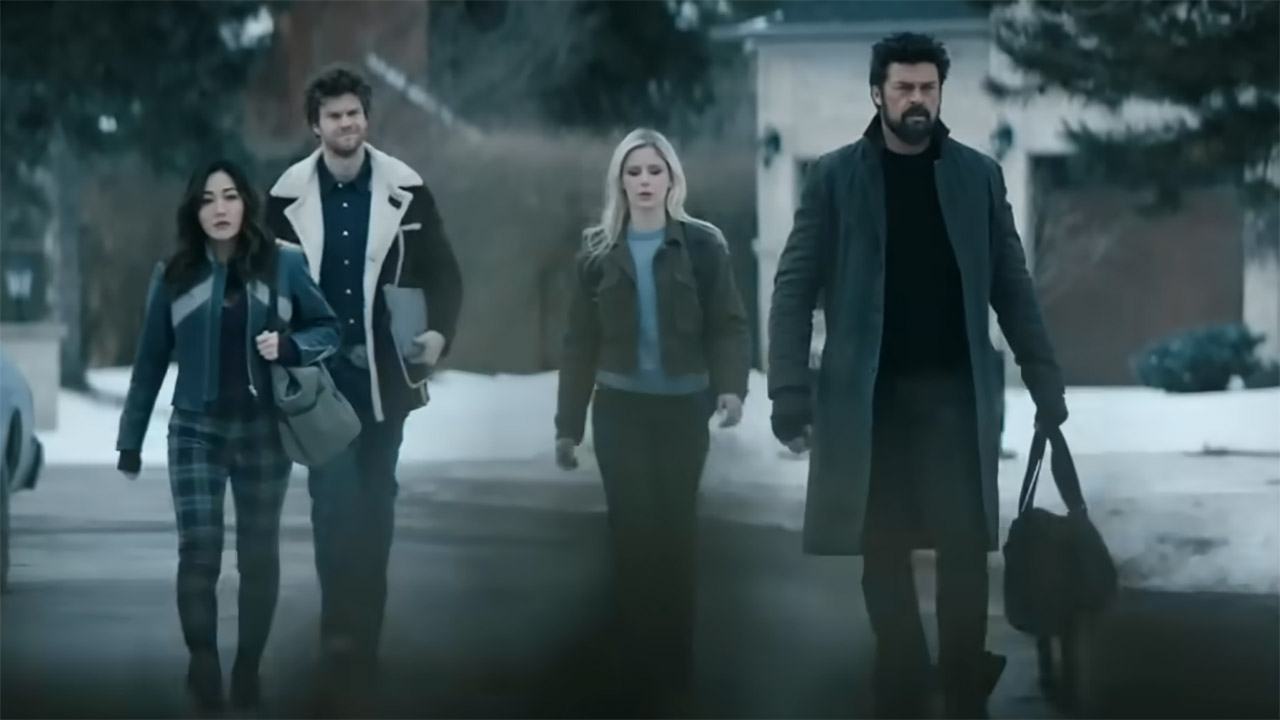 Kimiko, Hughie, Starlight, and Billy walking down a street in The Boys season 5