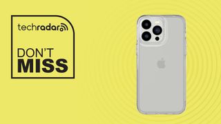 Tech21 iPhone case on yellow background with don't miss text overlay