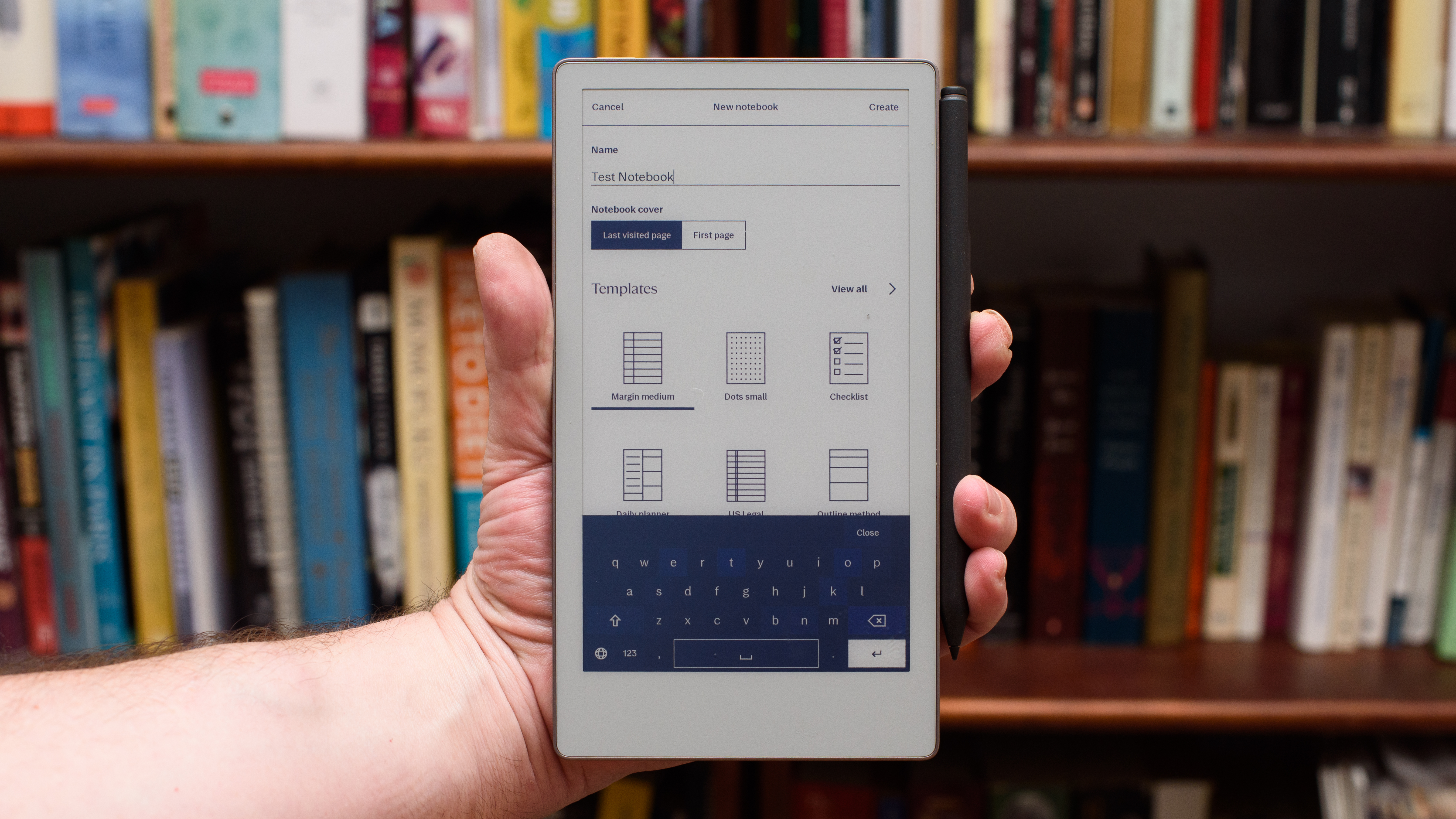 reMarkable Paper Pro Move tablet in front of a library of books, showing various writing screens and comparing the size to a Moleskine notebook