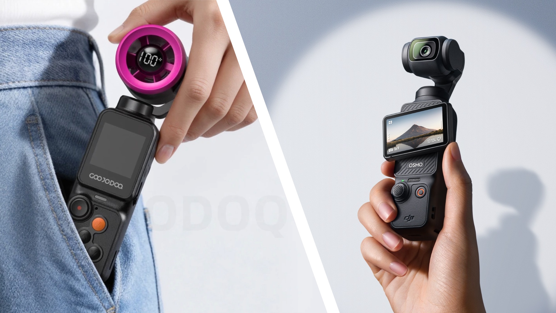 The Goojodoq GFS025 2-in-1 camera and fan being pulled out of a jeans pocket (left), and the DJI Pocket 3 in person's hand, in the spotlight