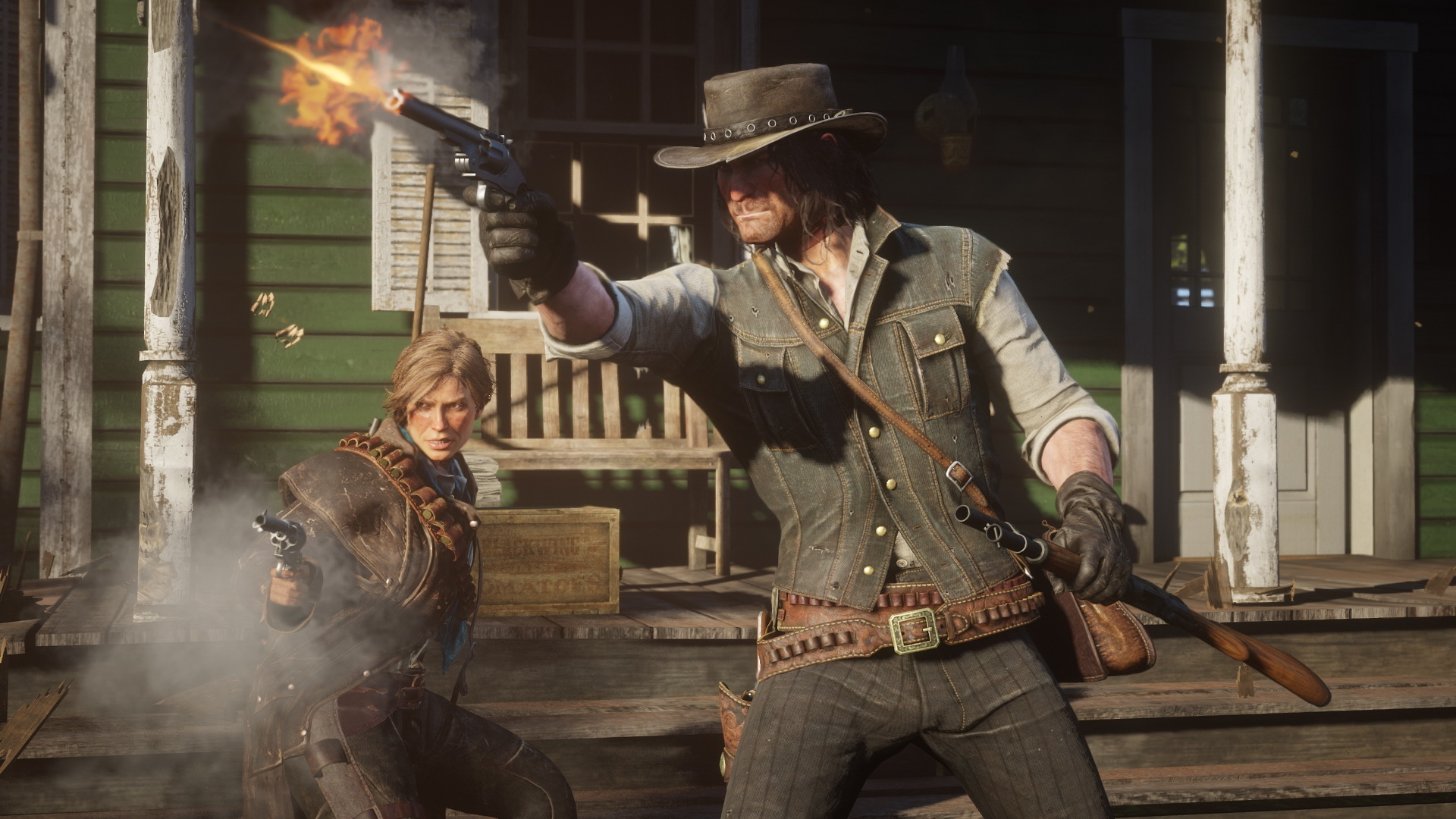 Red Dead Redemption 2 cheats - Two men fire their guns in town