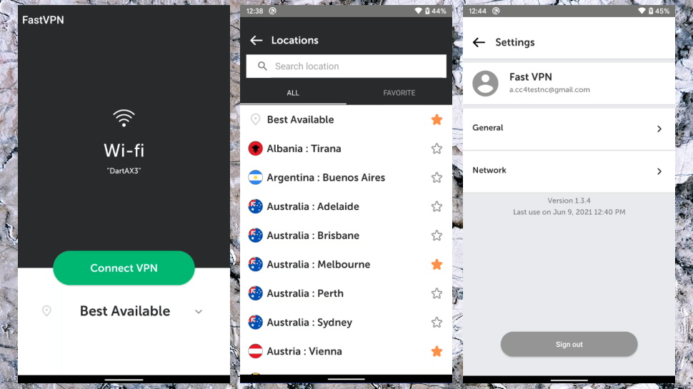 The interface of FastVPN's Android app