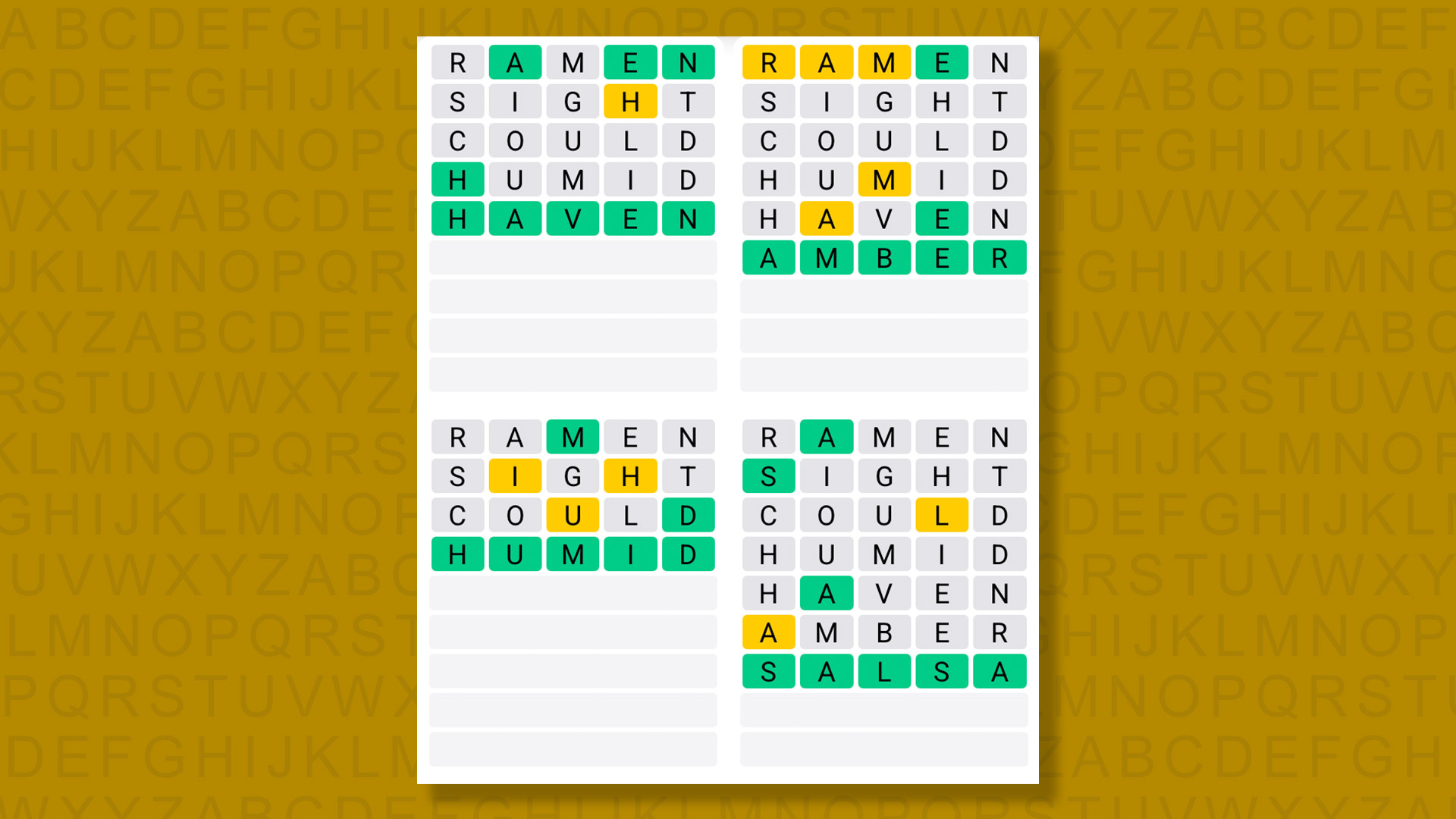 Quordle answers for game 1411 on a yellow background