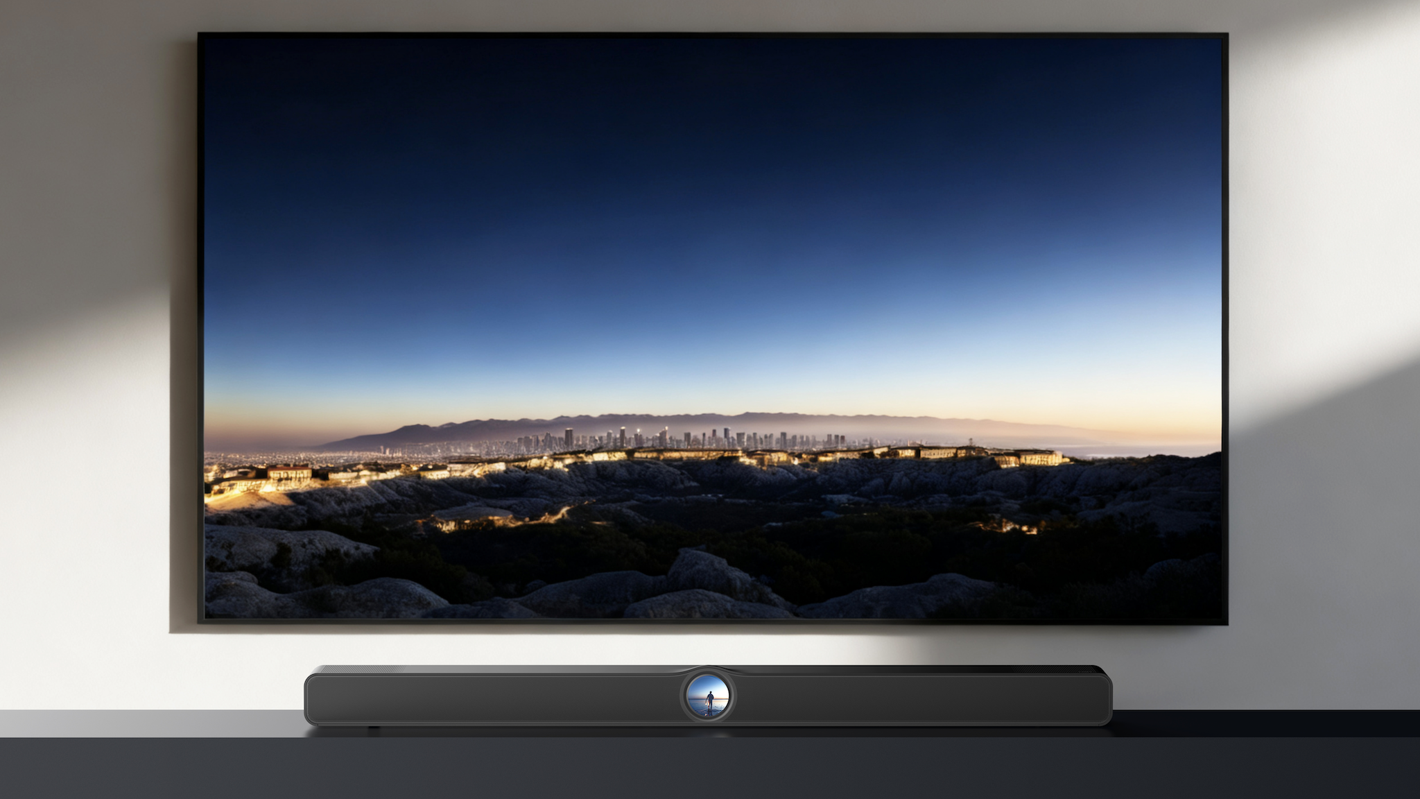 The WiiM Bar in action underneath a wall mounted TV. The TV is showing a scenic image with a dark blue sky