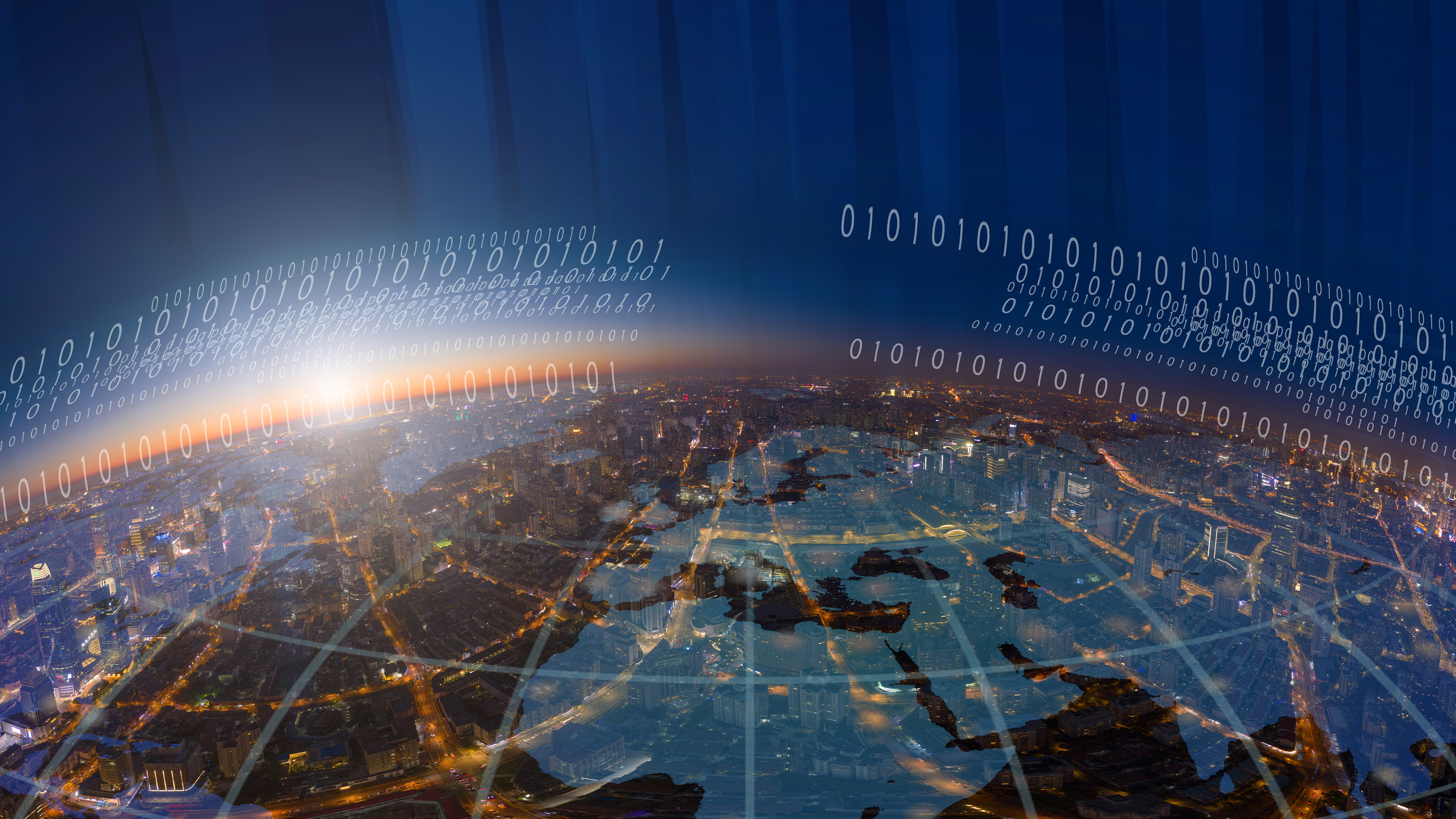 A digital representation of the globe with digital lines connecting parts of it, below binary figures