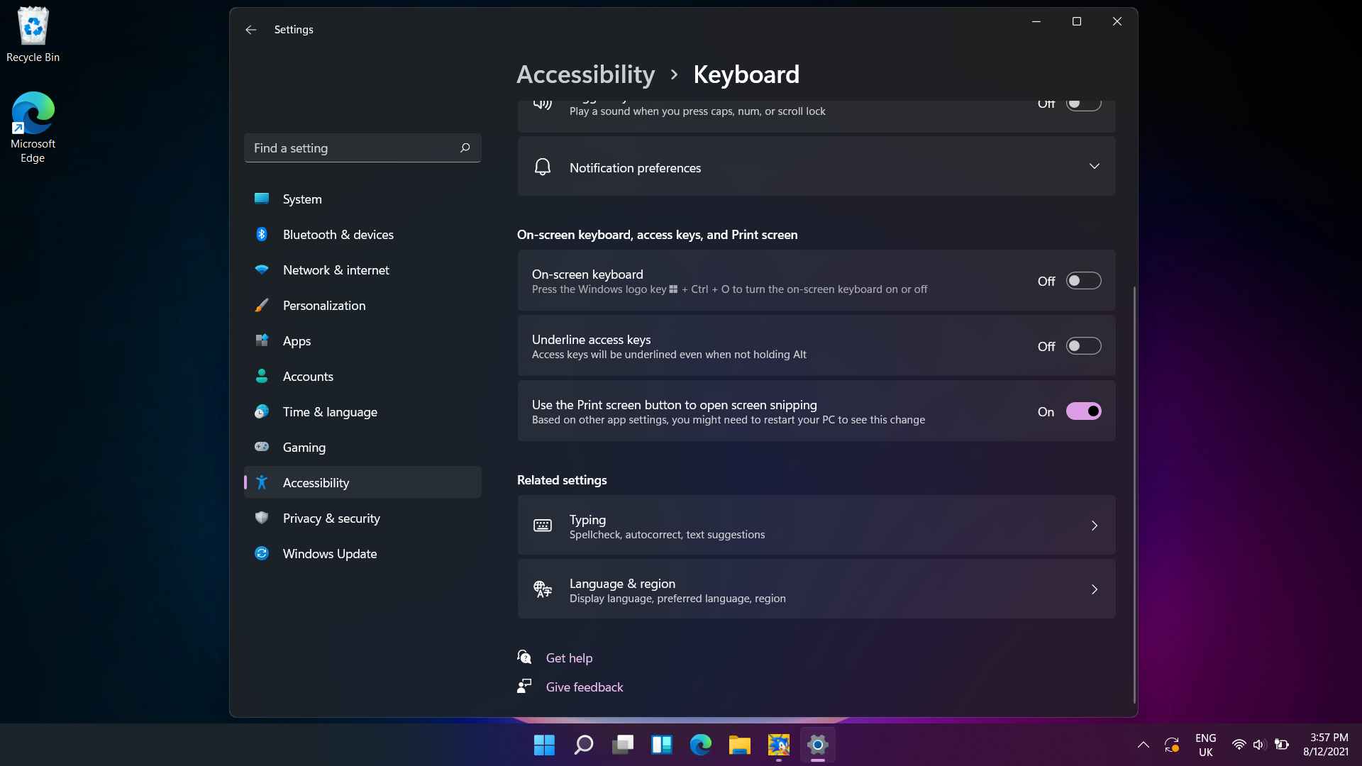 Screen shot showing the Print Screen function in Accessibility settings in Windows 11