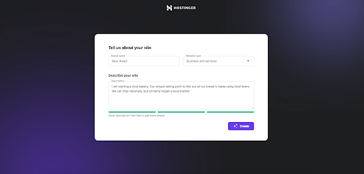 prompt screen for Hostinger AI website builder