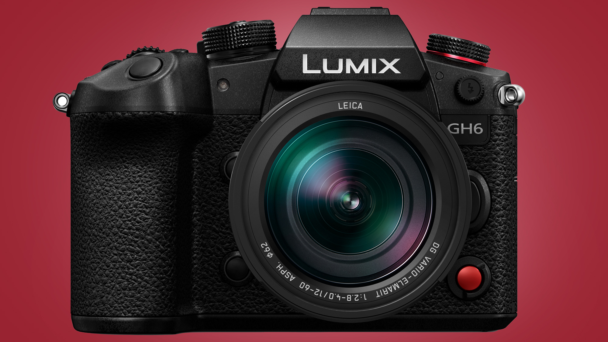 The Panasonic GH6 camera on a red background