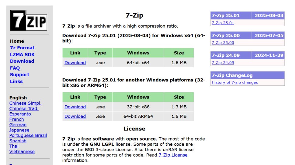 Website screenshot of 7-Zip (November, 2025)