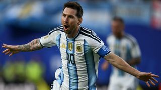 Lionel Messi celebrates scoring his team's first goal during the 2026 World Cup Group J football match between Argentina and Algeria at the Kansas City Stadium in Kansas City on June 16, 2026