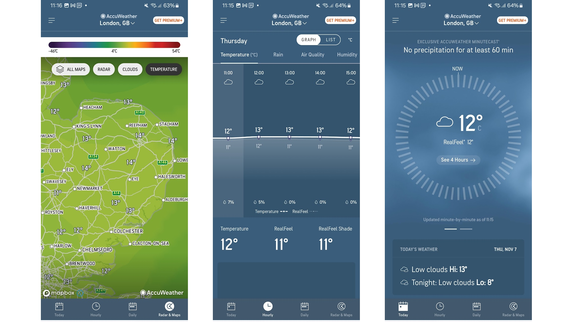Three screenshots of AccuWeather