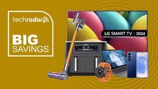Collage of tech on sale in the Argos Big Red Sale, including an LG TV, Dyson vacuum, Samsung phone, Ninja air fryer, Lenovo laptop and Samsung smartwatch