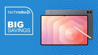 Samsung Galaxy Tab S11 Ultra in gray on blue background with TechRadar big savings sign