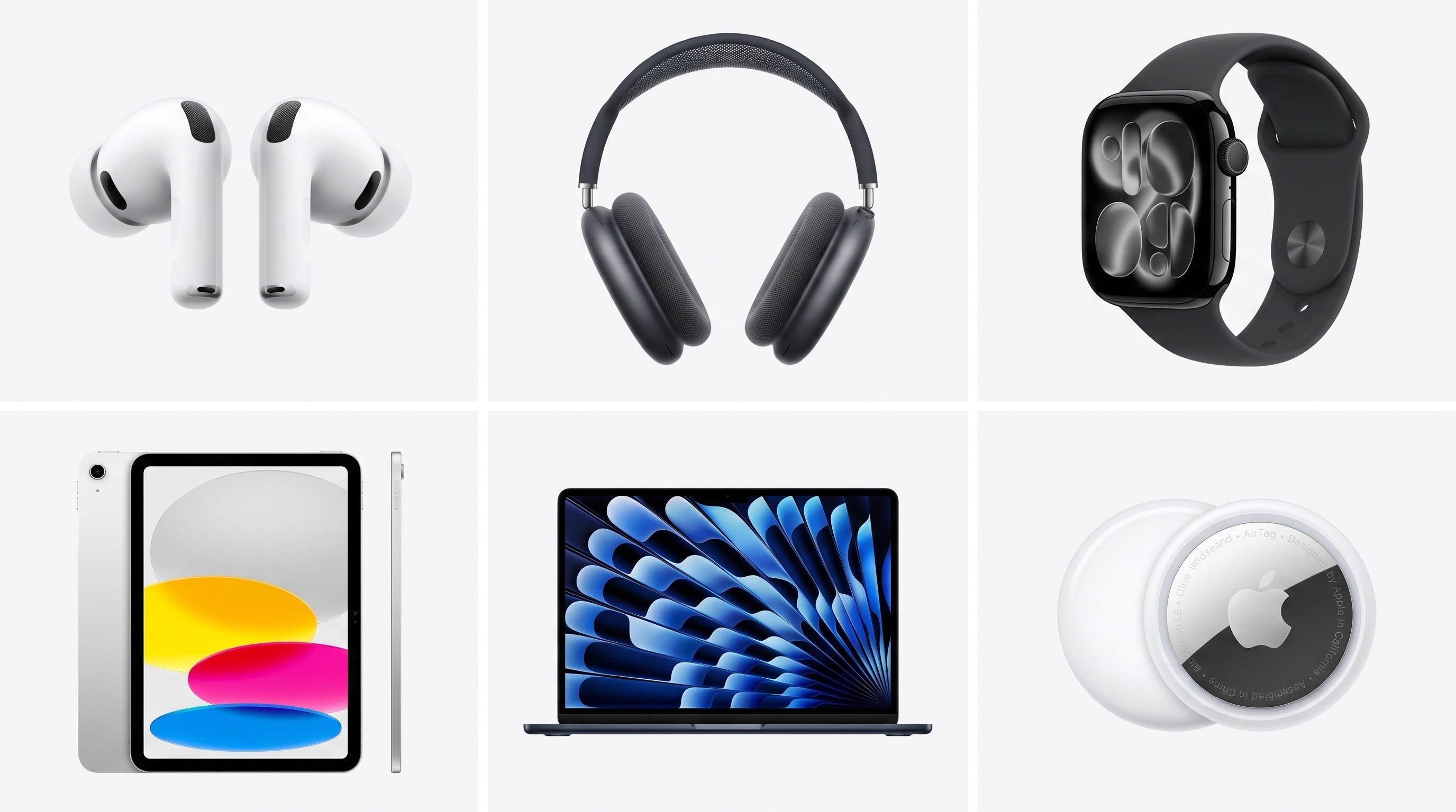 A collage of several Apple products split into white boxes, including AirPods, AirPods Max, Apple Watch, iPad, MacBook, and AirTags.