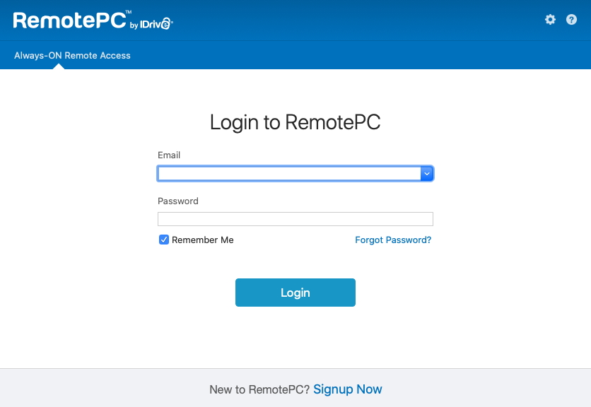 The RemotePC app login screen
