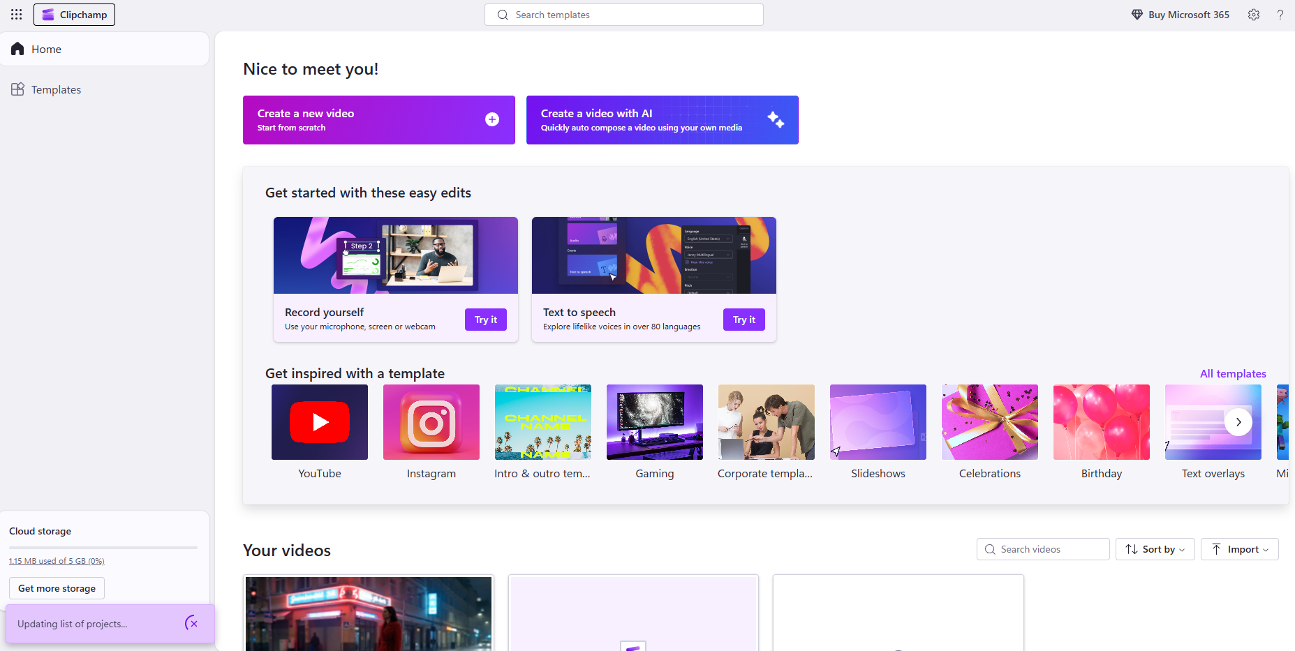 Clipchamp dashboard