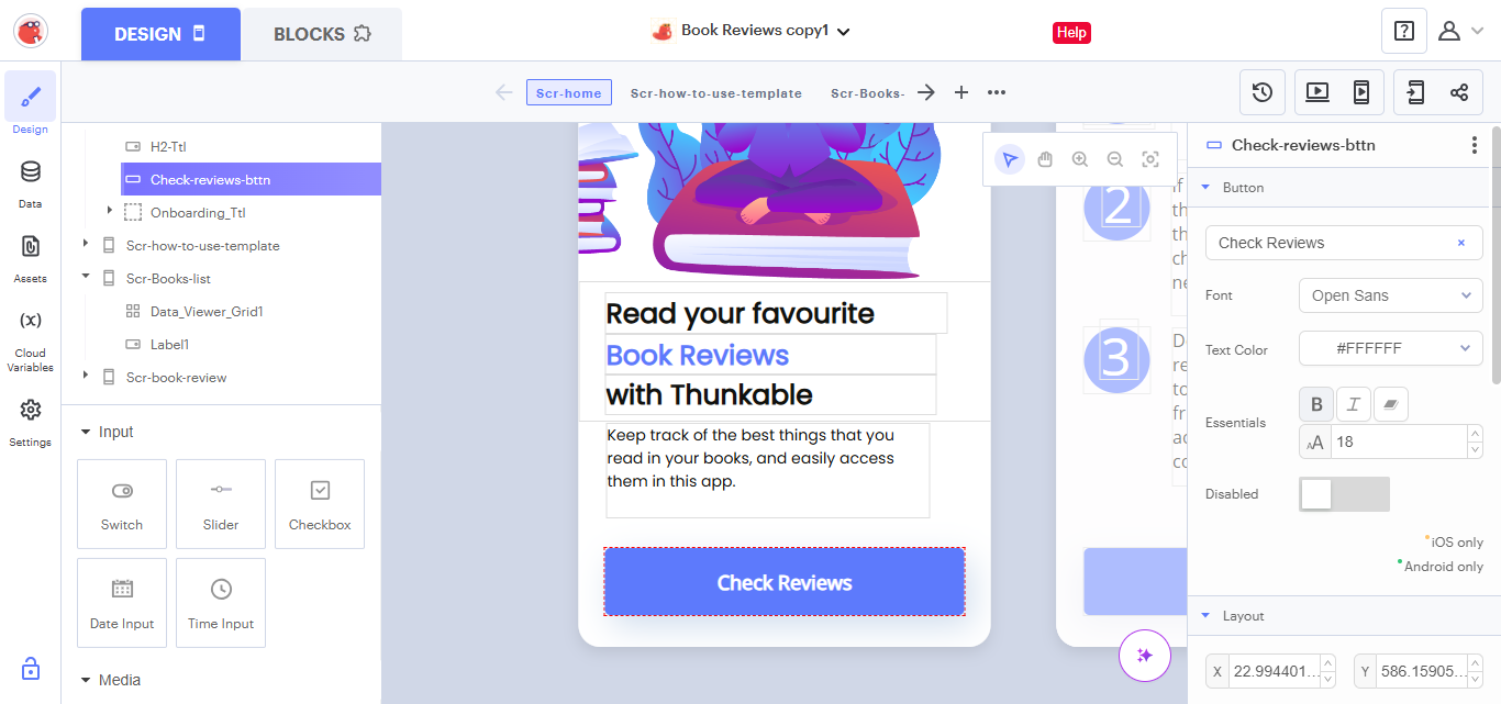 The Design tab of Thunkable's dashboard