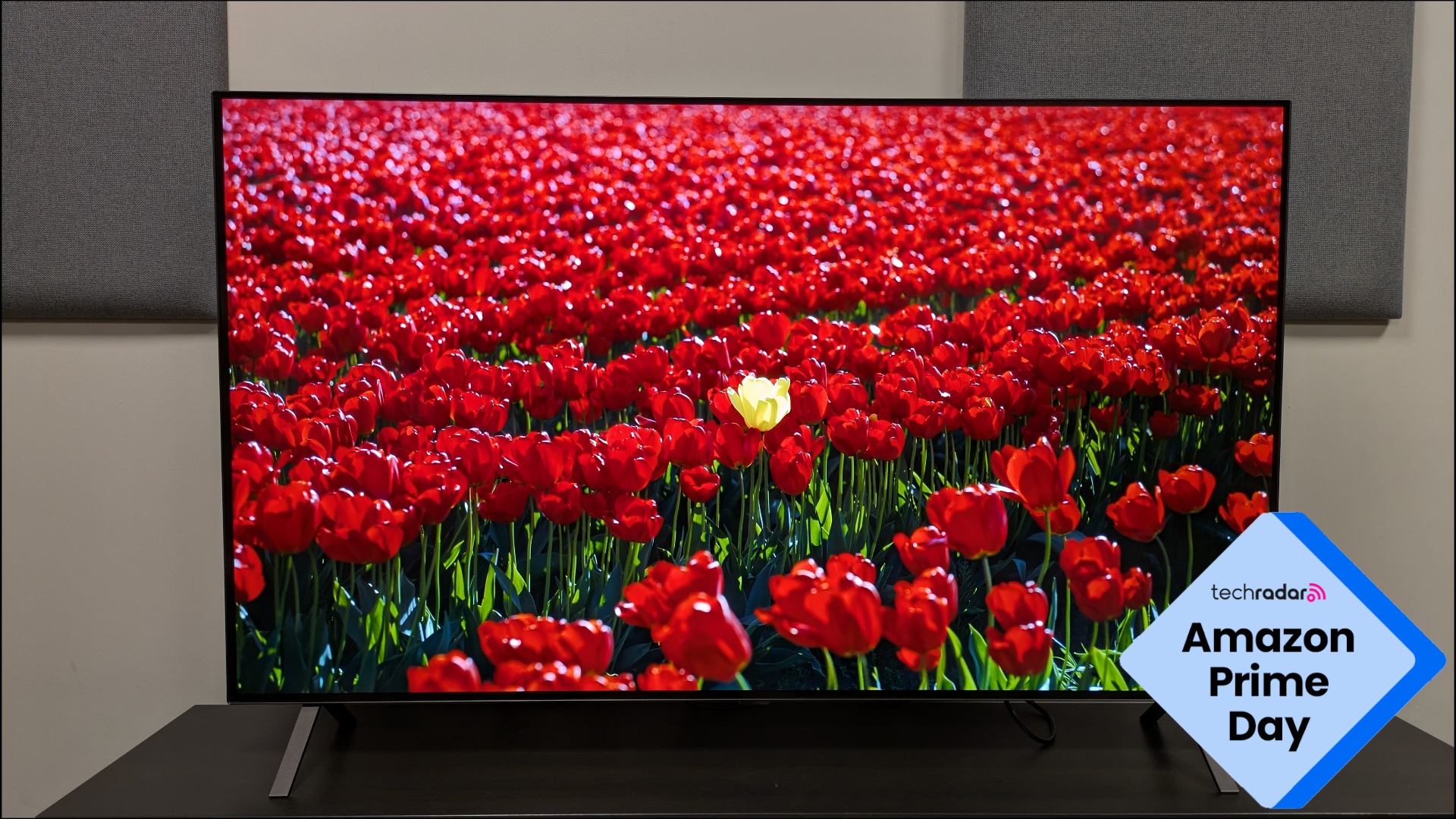 LG B5 with red flowers on screen with Prime Day logo in bottom right corner