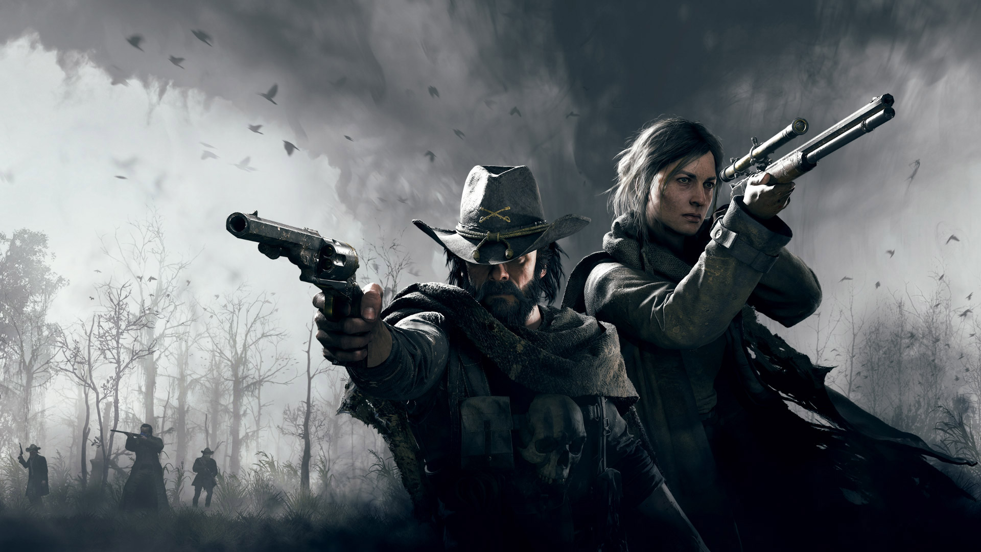 Hunt: Showdown key art showing two Hunters drawing their weapons against a grey and foggy forest backdrop. The silhouettes of other hunters can be seen in the distance.